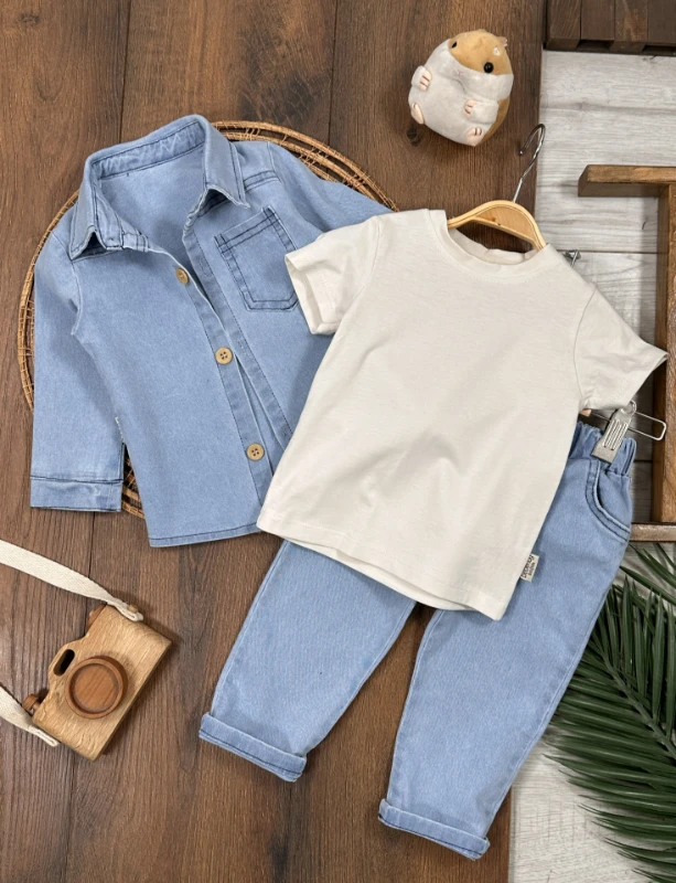 Likralı Kot Önden Düğmeli Kısa Kol Badili 3lü Kot Erkek Bebek/Çocuk Takım