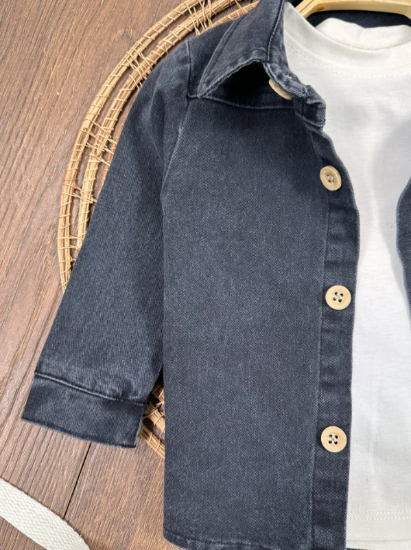 Likralı Kot Önden Düğmeli Kısa Kol Badili 3lü Kot Erkek Bebek/Çocuk Takım