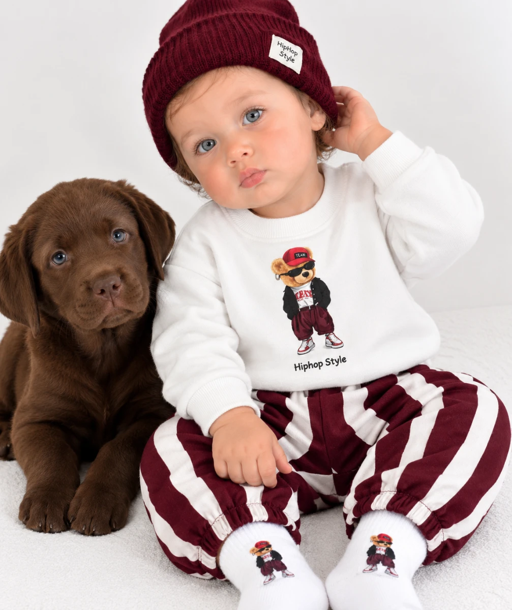  Çoraplı Bereli Şeritli Pantolon Animal Baskılı Mevsimlik 4lü Erkek Bebek/Çocuk Takım - BORDO