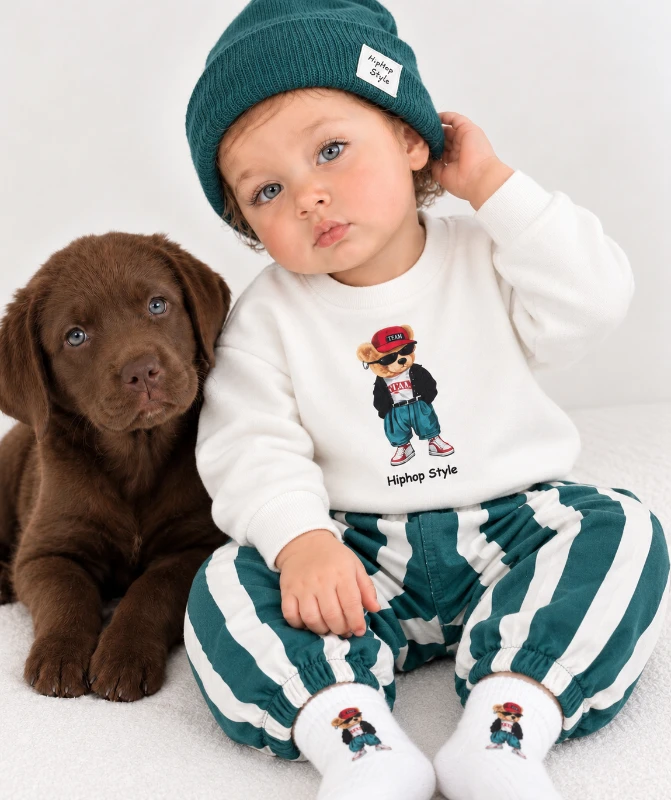  Çoraplı Bereli Şeritli Pantolon Animal Baskılı Mevsimlik 4lü Erkek Bebek/Çocuk Takım - TURKUAZ