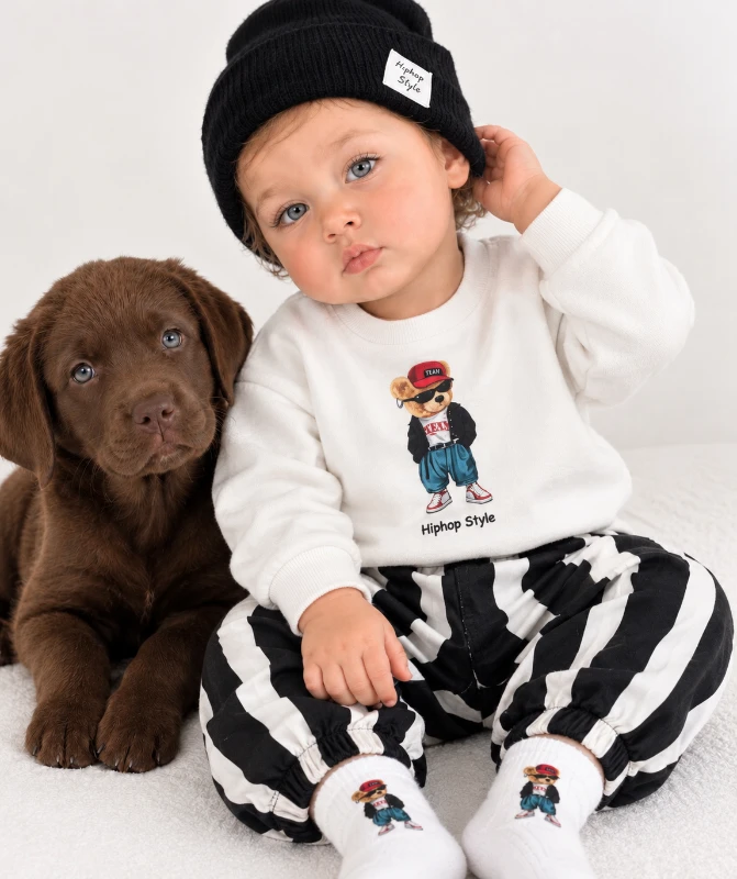  Çoraplı Bereli Şeritli Pantolon Animal Baskılı Mevsimlik 4lü Erkek Bebek/Çocuk Takım - SİYAH