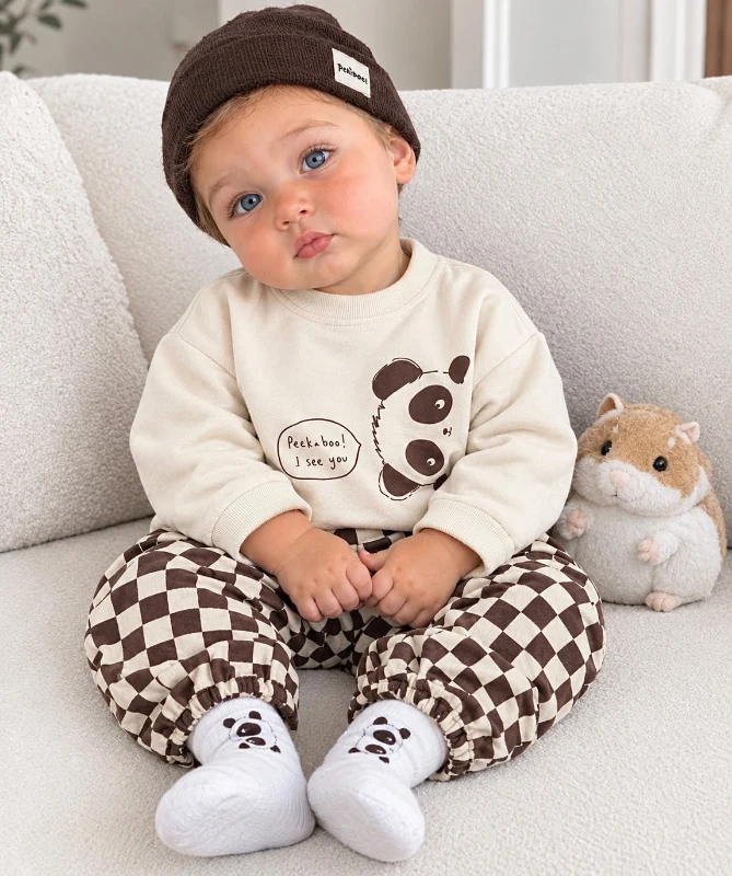 Çoraplı Bereli Ekose Pantolon Animal Baskılı Mevsimlik 4lü Erkek Bebek/Çocuk Takım - KAHVERENGİ