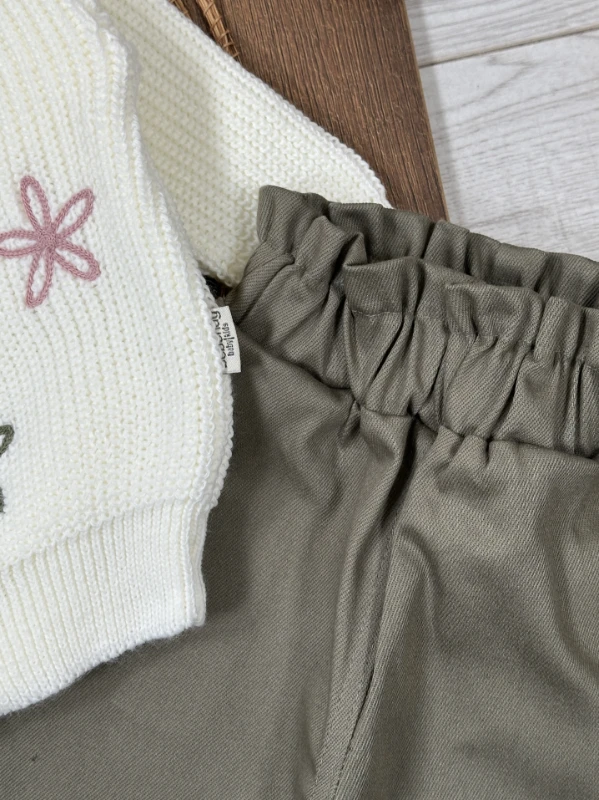 Triko Kazak Çiçek Nakışlı Bereli Likralı Gabardin Pantolon 3lü Kız Bebek/Çocuk Takım - HAKİ YEŞİL