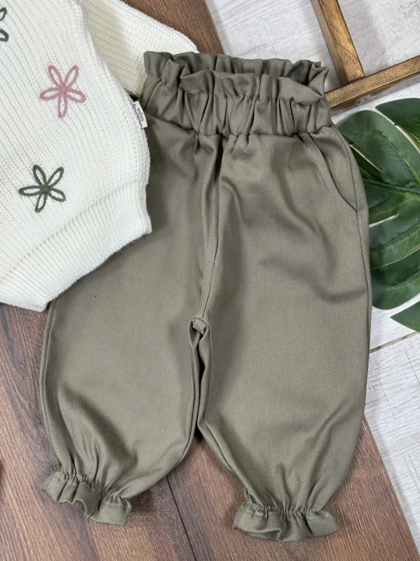 Triko Kazak Çiçek Nakışlı Bereli Likralı Gabardin Pantolon 3lü Kız Bebek/Çocuk Takım - HAKİ YEŞİL