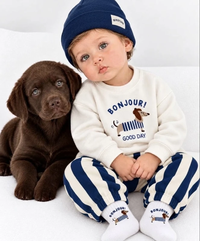  Çoraplı Sevimli Köpek Nakışlı Çizgili Bereli Geniş Kalıp Mevsimlik 4lü Erkek Bebek/Çocuk Takım - LACİVERT