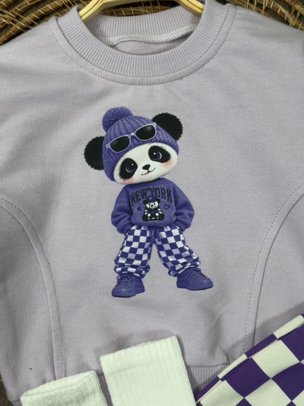 Çoraplı Mrs. Panda Baskılı Kareli Bereli Geniş Kalıp Mevsimlik 4lü Kız Bebek/Çocuk Takım - LİLA