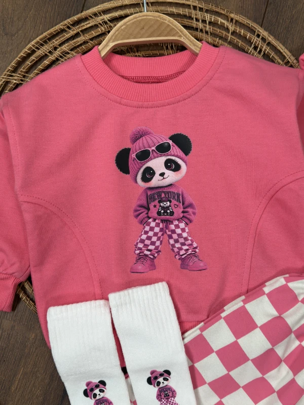 Çoraplı Mrs. Panda Baskılı Kareli Bereli Geniş Kalıp Mevsimlik 4lü Kız Bebek/Çocuk Takım - FUŞYA