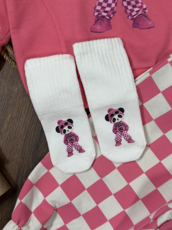 Çoraplı Mrs. Panda Baskılı Kareli Bereli Geniş Kalıp Mevsimlik 4lü Kız Bebek/Çocuk Takım - FUŞYA