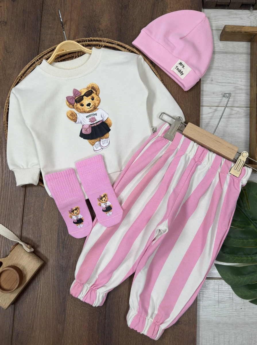  Çoraplı Teddy Ayıcık Baskılı Bereli Geniş Kalıp Mevsimlik 4lü Kız Bebek/Çocuk Takım - PEMBE