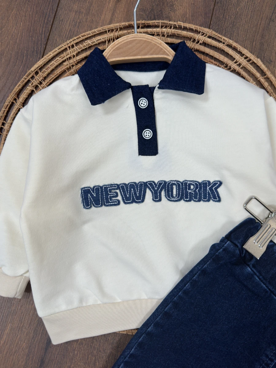 Newyork Polo Yaka Nakışlı Sweatshirt Likralı Kot Pantolon 2li Erkek Bebek Takım - EKRU