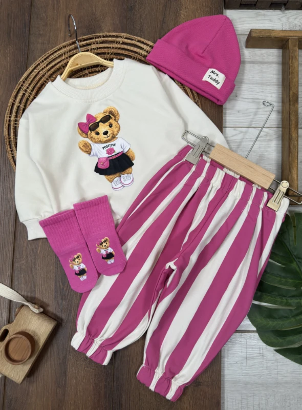  Çoraplı Teddy Ayıcık Baskılı Bereli Geniş Kalıp Mevsimlik 4lü Kız Bebek/Çocuk Takım - FUŞYA