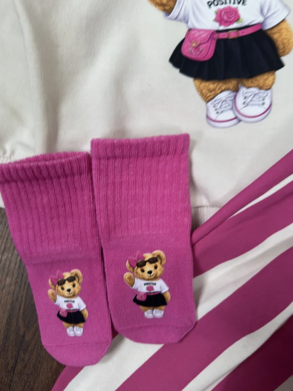  Çoraplı Teddy Ayıcık Baskılı Bereli Geniş Kalıp Mevsimlik 4lü Kız Bebek/Çocuk Takım - FUŞYA