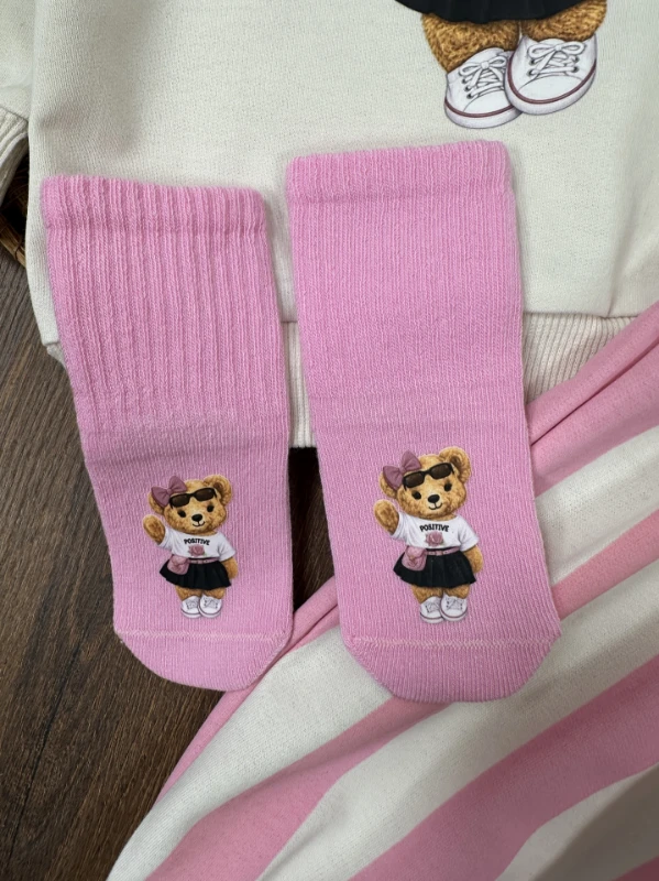  Çoraplı Teddy Ayıcık Baskılı Bereli Geniş Kalıp Mevsimlik 4lü Kız Bebek/Çocuk Takım - PEMBE