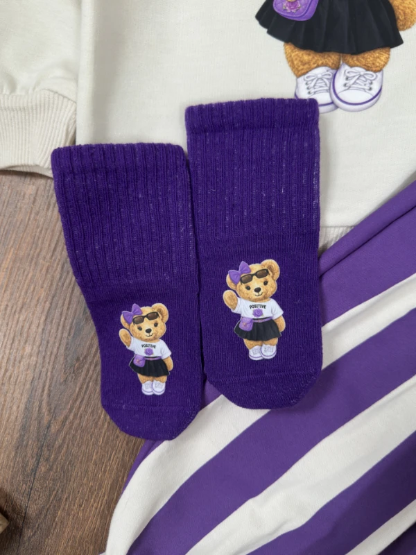  Çoraplı Teddy Ayıcık Baskılı Bereli Geniş Kalıp Mevsimlik 4lü Kız Bebek/Çocuk Takım - MOR