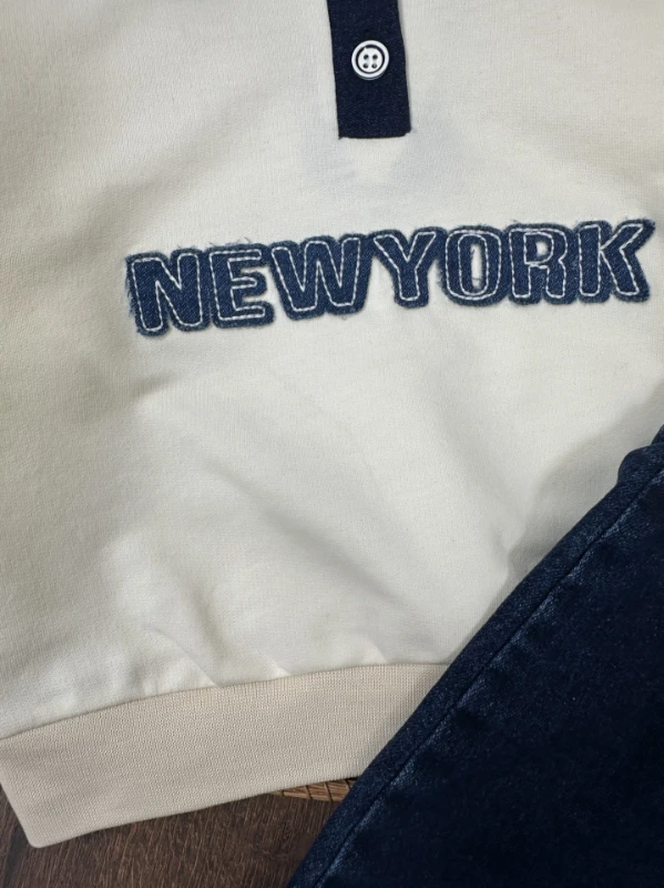 Newyork Polo Yaka Nakışlı Sweatshirt Likralı Kot Pantolon 2li Erkek Bebek Takım - EKRU