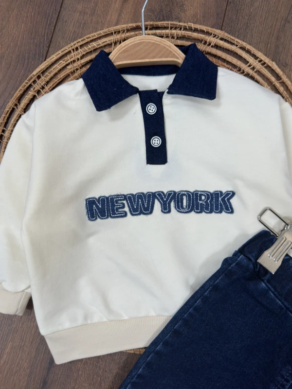 Newyork Polo Yaka Nakışlı Sweatshirt Likralı Kot Pantolon 2li Erkek Bebek Takım - EKRU