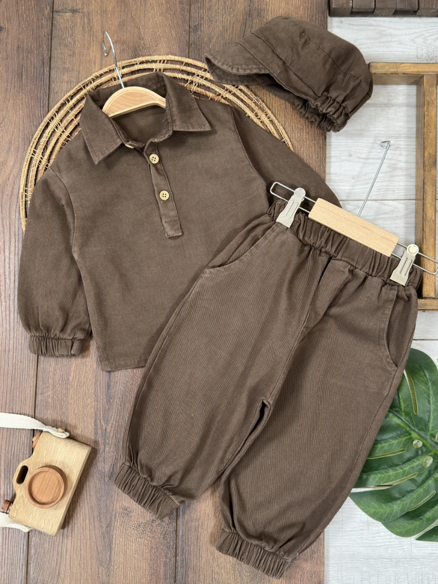 Bohemian Gabardin Şapkalı Geniş Kesim Pantolon Düğmeli Likralı Oversize Mevsimlik 3lü Erkek Bebek/Çocuk Takım - KAHVE