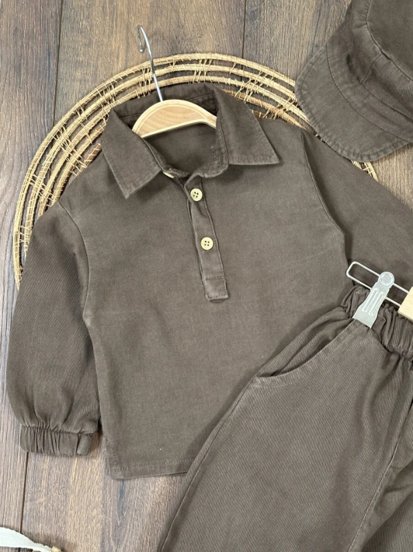 Bohemian Gabardin Şapkalı Geniş Kesim Pantolon Düğmeli Likralı Oversize Mevsimlik 3lü Erkek Bebek/Çocuk Takım - KAHVE