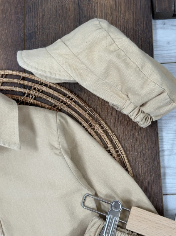 Bohemian Gabardin Şapkalı Geniş Kesim Pantolon Düğmeli Likralı Oversize Mevsimlik 3lü Erkek Bebek/Çocuk Takım - SÜTLÜ KAHVE