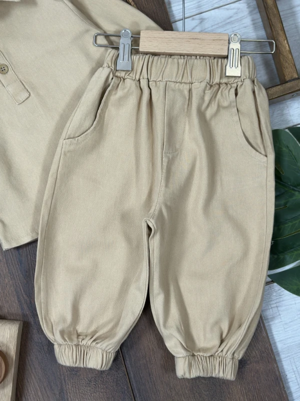 Bohemian Gabardin Şapkalı Geniş Kesim Pantolon Düğmeli Likralı Oversize Mevsimlik 3lü Erkek Bebek/Çocuk Takım - SÜTLÜ KAHVE