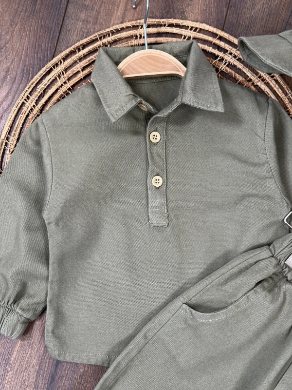 Bohemian Gabardin Şapkalı Geniş Kesim Pantolon Düğmeli Likralı Oversize Mevsimlik 3lü Erkek Bebek/Çocuk Takım - HAKİ YEŞİL