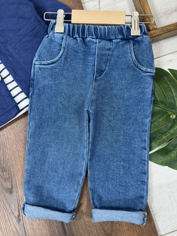 Kapitone Ceket Çizgili Badi Likralı Jean Pantolon 3lü Erkek Bebek/Çocuk Takım - LACİVERT