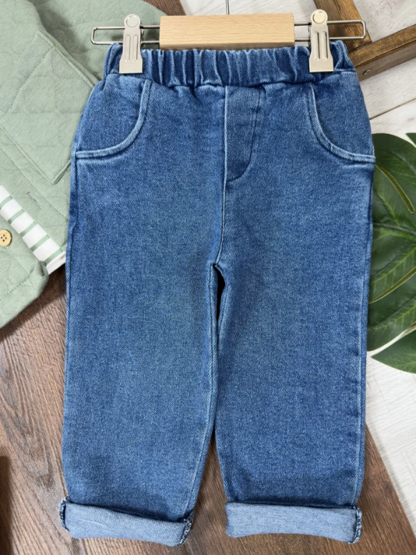 Kapitone Ceket Çizgili Badi Likralı Jean Pantolon 3lü Erkek Bebek/Çocuk Takım - YEŞİL