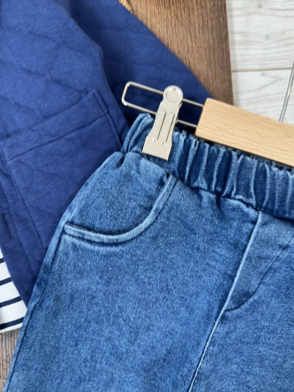 Kapitone Ceket Çizgili Badi Likralı Jean Pantolon 3lü Erkek Bebek/Çocuk Takım - LACİVERT
