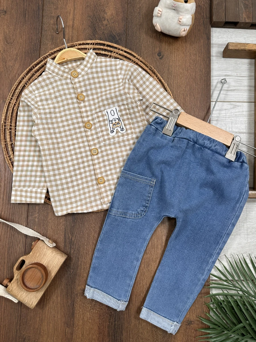 Ekose Kareli Hakim Yaka Gömlek Likralı Kot Pantolon Mevsimlik  Erkek Bebek Takım - SÜTLÜ KAHVE
