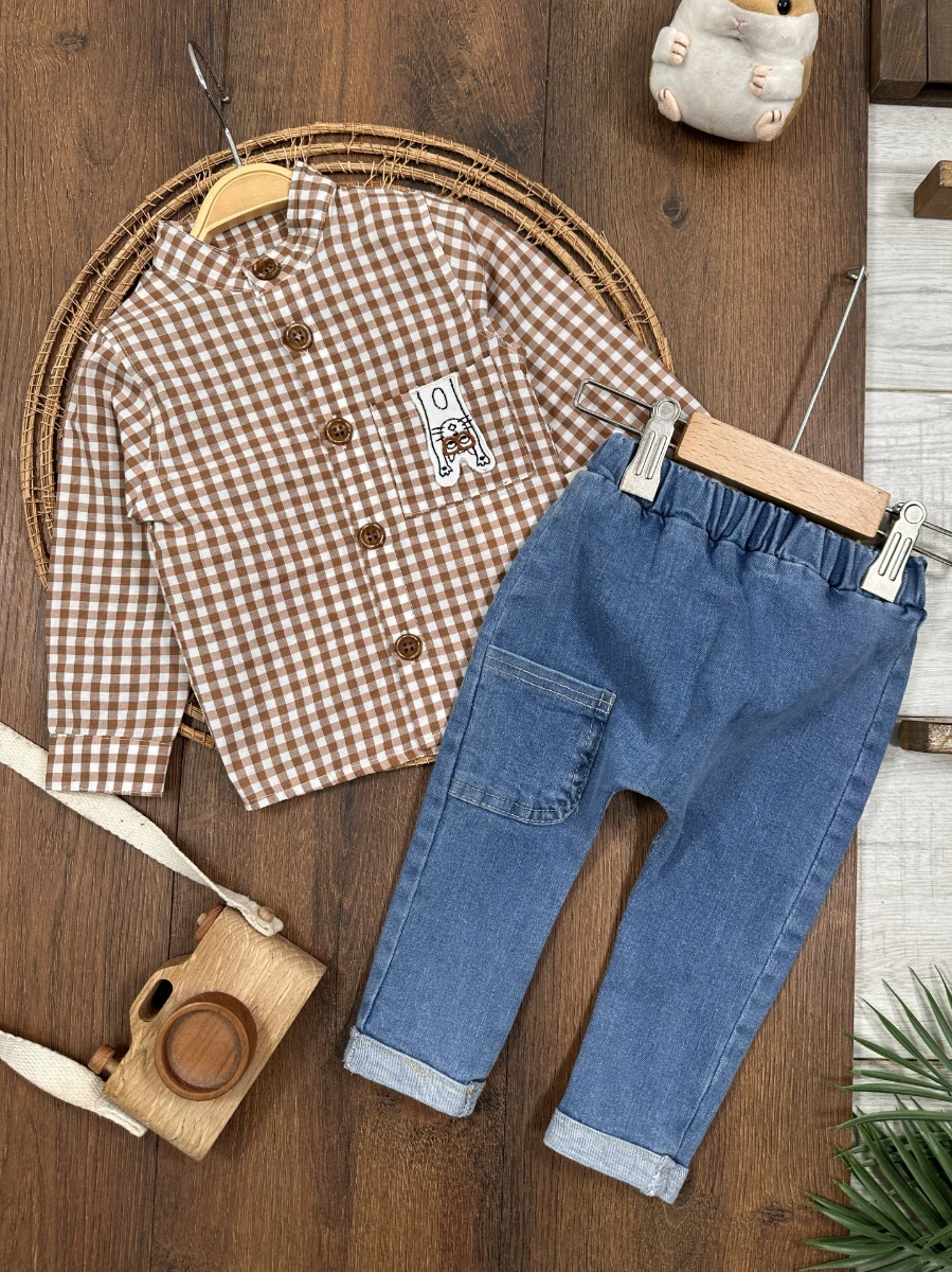 Ekose Kareli Hakim Yaka Gömlek Likralı Kot Pantolon Mevsimlik  Erkek Bebek Takım - KAHVE