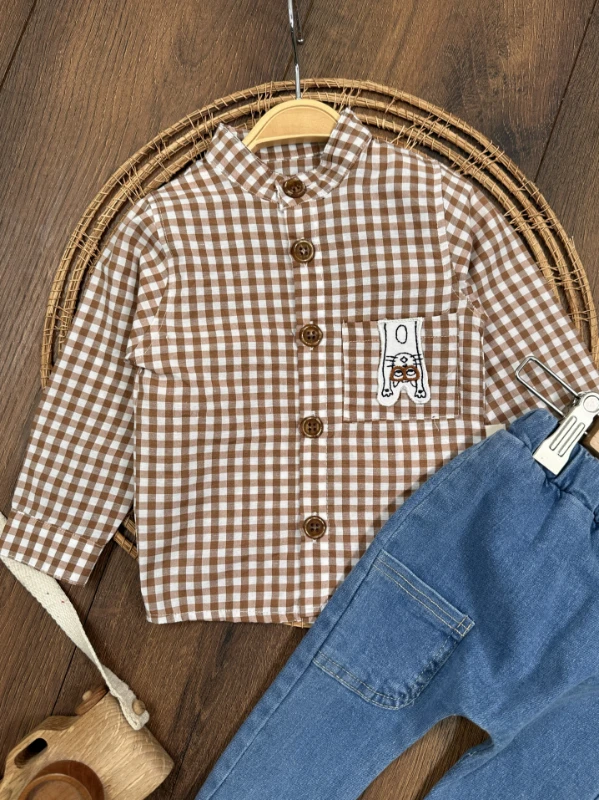 Ekose Kareli Hakim Yaka Gömlek Likralı Kot Pantolon Mevsimlik  Erkek Bebek Takım - SÜTLÜ KAHVE