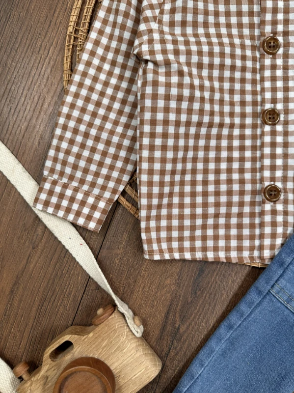 Ekose Kareli Hakim Yaka Gömlek Likralı Kot Pantolon Mevsimlik  Erkek Bebek Takım - SÜTLÜ KAHVE