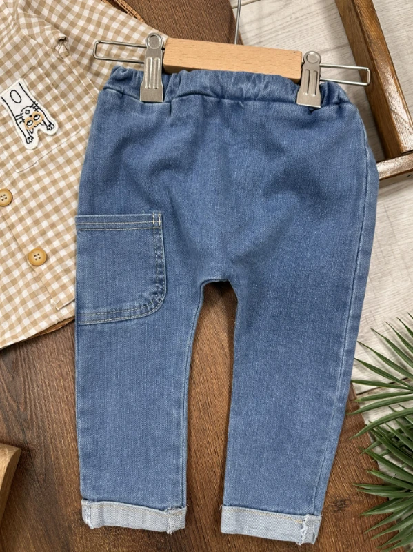 Ekose Kareli Hakim Yaka Gömlek Likralı Kot Pantolon Mevsimlik  Erkek Bebek Takım - SÜTLÜ KAHVE