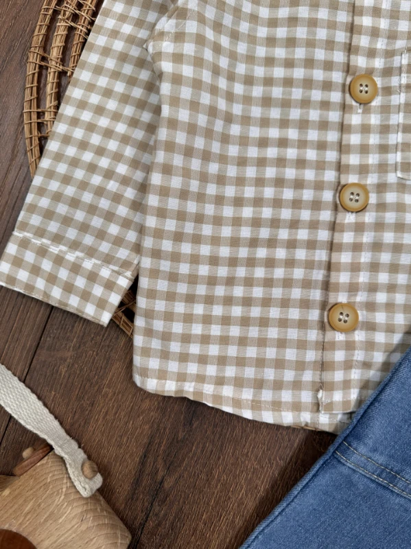 Ekose Kareli Hakim Yaka Gömlek Likralı Kot Pantolon Mevsimlik  Erkek Bebek Takım - SÜTLÜ KAHVE