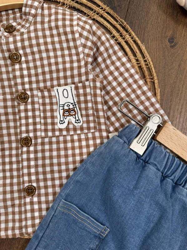 Ekose Kareli Hakim Yaka Gömlek Likralı Kot Pantolon Mevsimlik  Erkek Bebek Takım - SÜTLÜ KAHVE