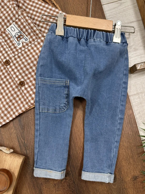 Ekose Kareli Hakim Yaka Gömlek Likralı Kot Pantolon Mevsimlik  Erkek Bebek Takım - SÜTLÜ KAHVE