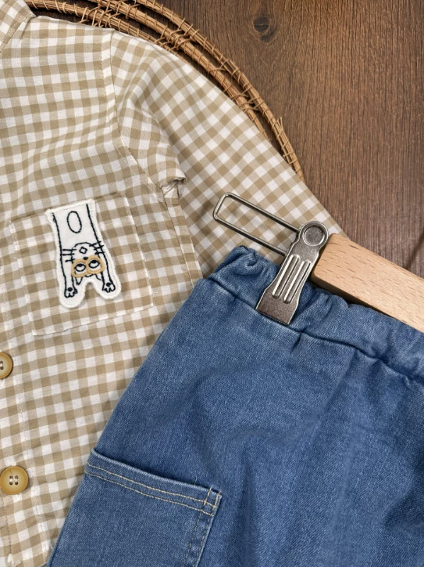 Ekose Kareli Hakim Yaka Gömlek Likralı Kot Pantolon Mevsimlik  Erkek Bebek Takım - SÜTLÜ KAHVE