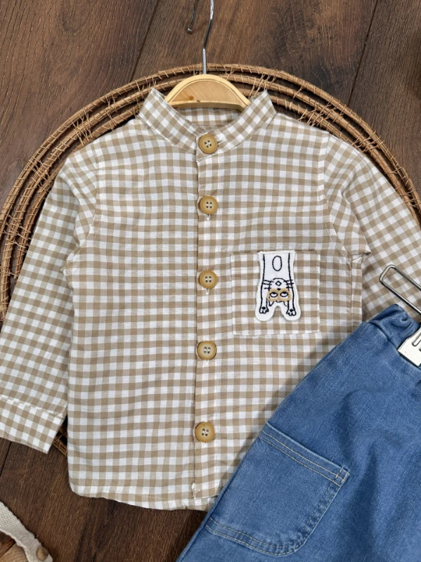 Ekose Kareli Hakim Yaka Gömlek Likralı Kot Pantolon Mevsimlik  Erkek Bebek Takım - SÜTLÜ KAHVE