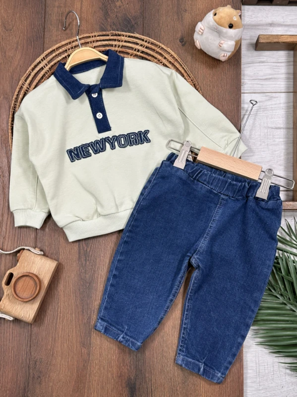 Newyork Polo Yaka Likralı Kot Pantolon Erkek Bebek Takım - HARDAL