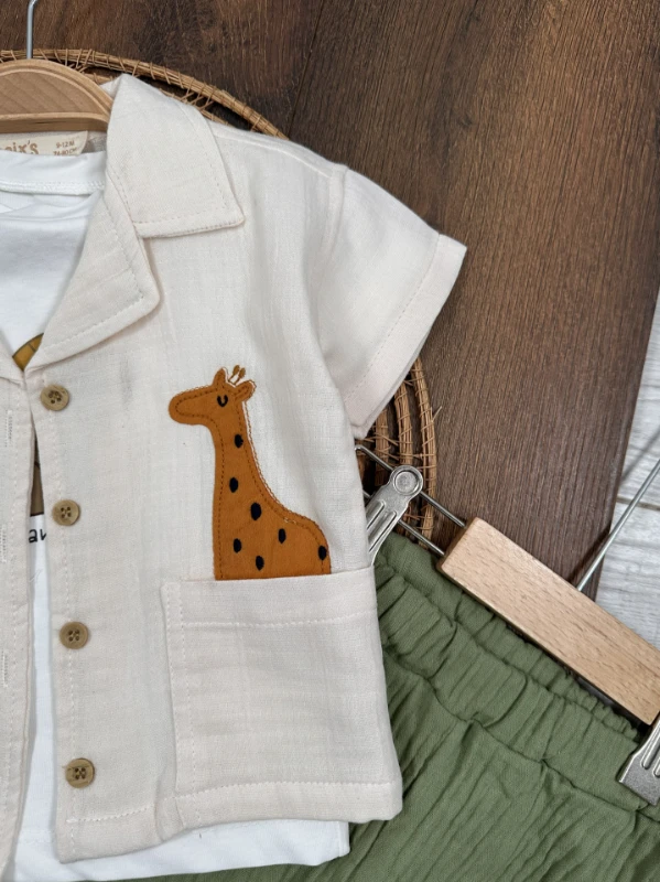 Safari Baskılı Keten Önden Düğmeli Yazlık 3lü Erkek Bebek Takım - LACİVERT