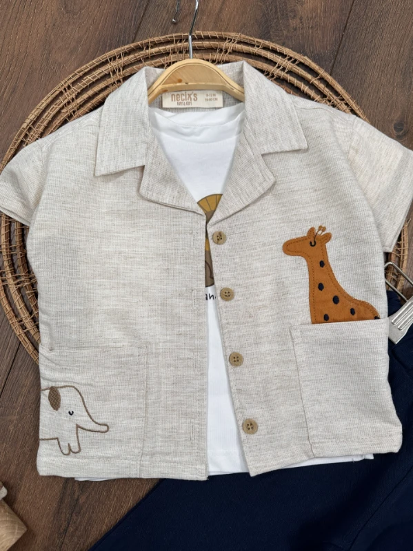 Safari Baskılı Keten Önden Düğmeli Yazlık 3lü Erkek Bebek Takım - LACİVERT