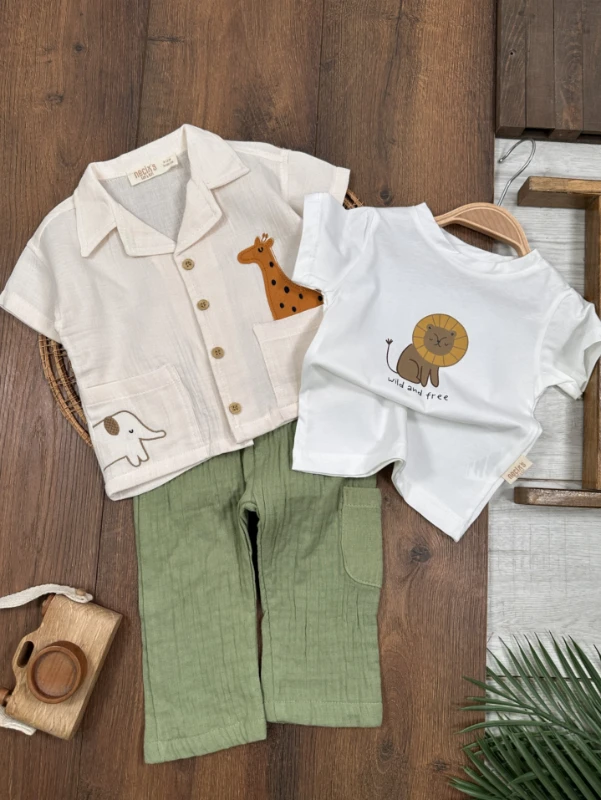 Safari Baskılı Keten Önden Düğmeli Yazlık 3lü Erkek Bebek Takım - LACİVERT