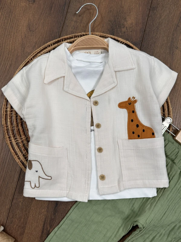 Safari Baskılı Keten Önden Düğmeli Yazlık 3lü Erkek Bebek Takım - LACİVERT