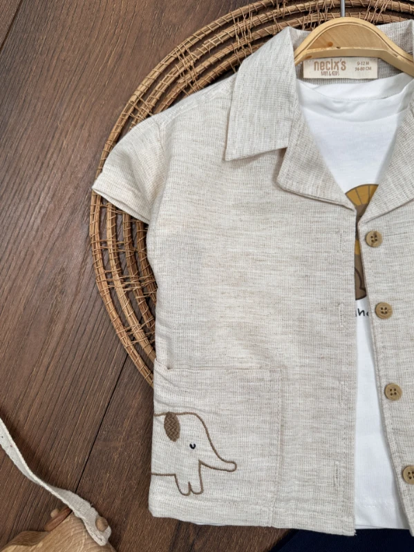 Safari Baskılı Keten Önden Düğmeli Yazlık 3lü Erkek Bebek Takım - LACİVERT