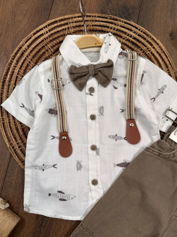 Askı Kemerli Papyonlu Balık Baskılı Keten Yazlık 4lü Erkek Bebek Takım - KAHVE