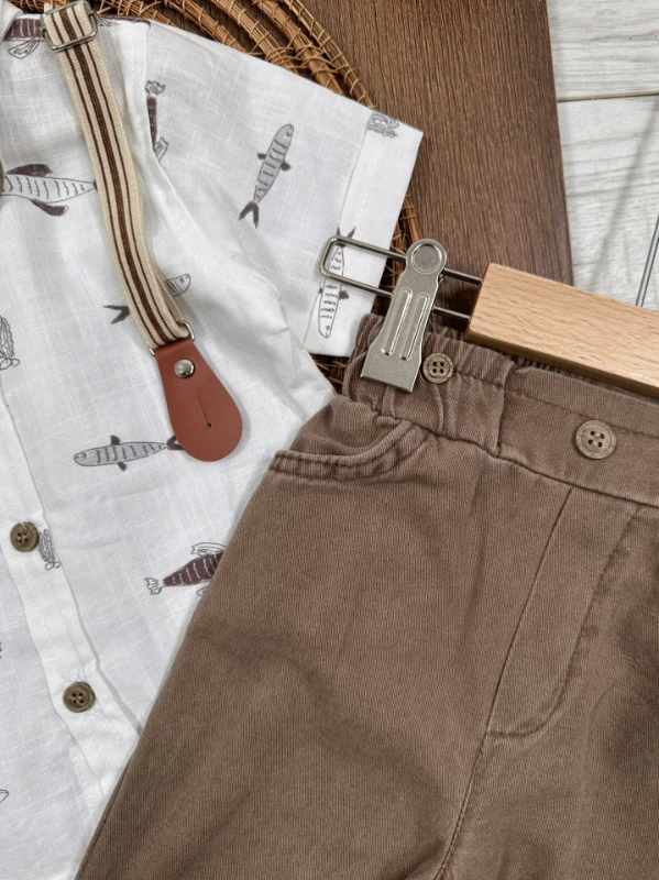 Askı Kemerli Papyonlu Balık Baskılı Keten Yazlık 4lü Erkek Bebek Takım - KAHVE