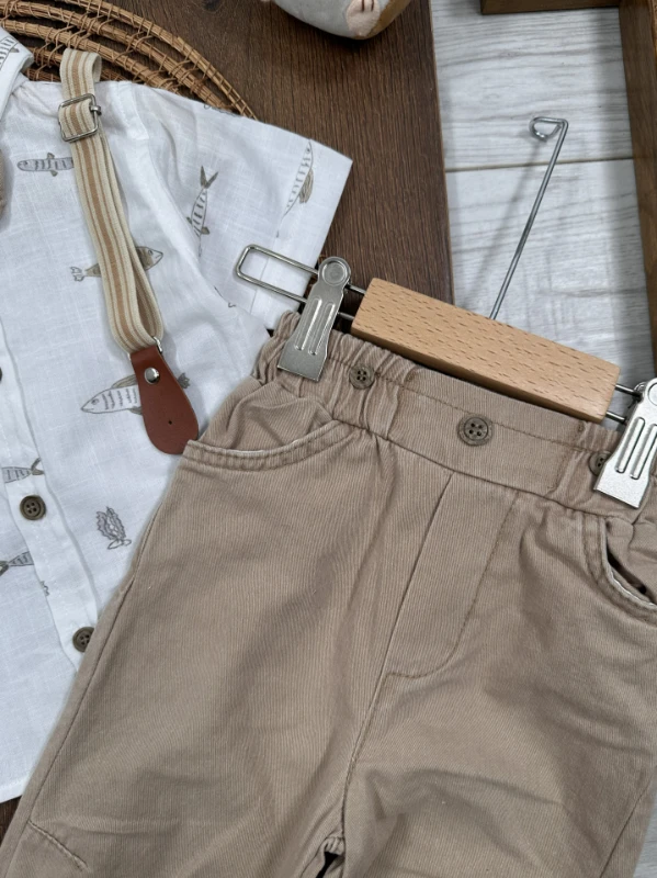 Askı Kemerli Papyonlu Balık Baskılı Keten Yazlık 4lü Erkek Bebek Takım - KAHVE