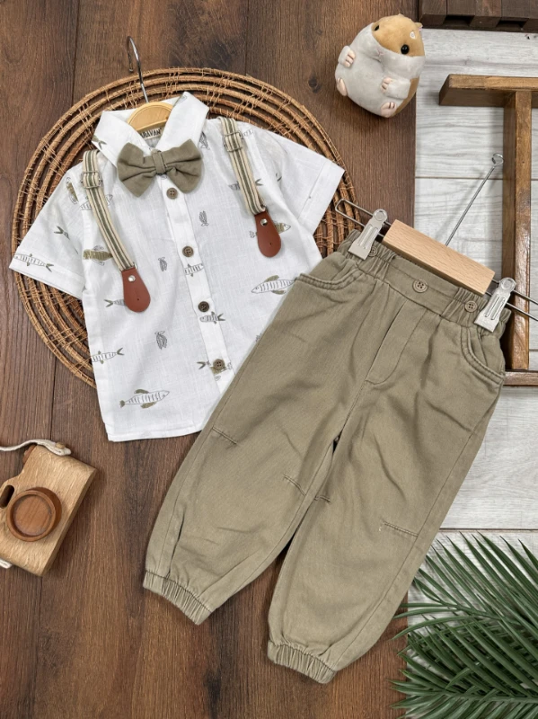Askı Kemerli Papyonlu Balık Baskılı Keten Yazlık 4lü Erkek Bebek Takım - KAHVE