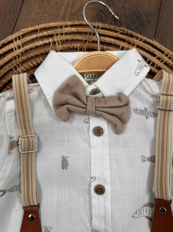 Askı Kemerli Papyonlu Balık Baskılı Keten Yazlık 4lü Erkek Bebek Takım - KAHVE