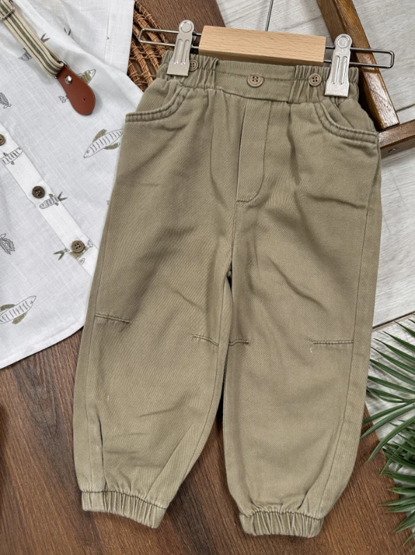 Askı Kemerli Papyonlu Balık Baskılı Keten Yazlık 4lü Erkek Bebek Takım - KAHVE